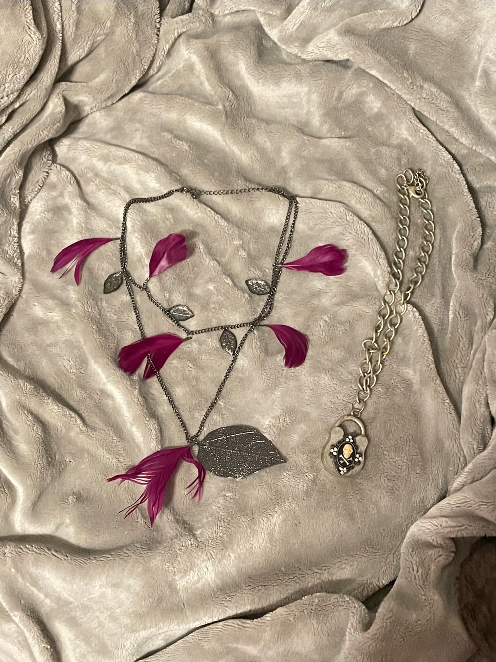 Silver Leaf Necklace with Pink Feather Accents